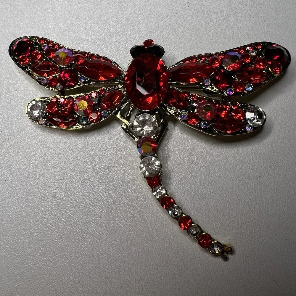 Vtg Gold Tone Metal Large Red Rhinestone‎ Dragonfly Brooch Pin Pendant Statement